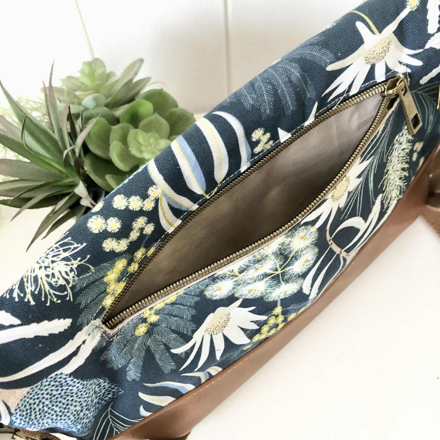 Hovea Fold Over Bag in Tan Leather, Blue Canvas and Moonlight Flora