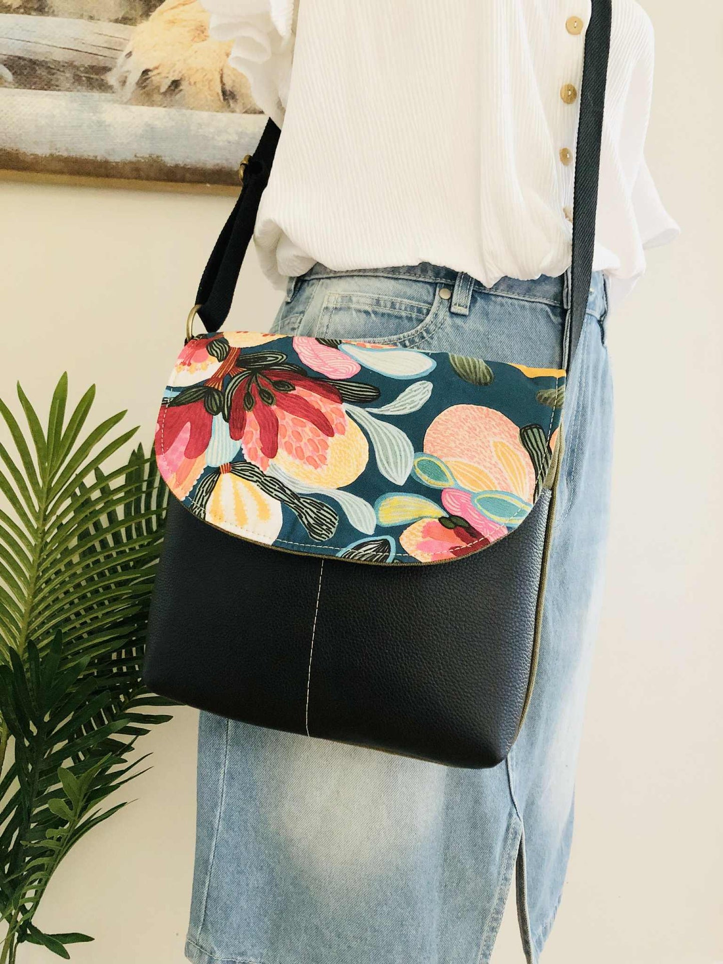 Cassinia Crossbody Bag - Green Canvas and Brown Leather with Bush Flora