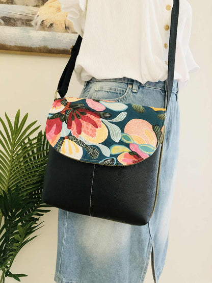 Cassinia Crossbody Bag - Green Canvas and Brown Leather with Bush Flora