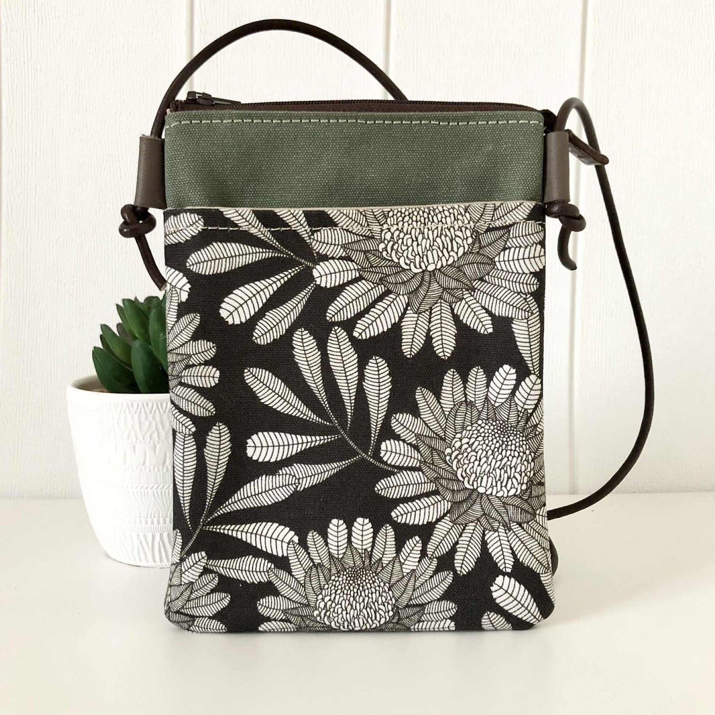 black and white waratah fabric bag