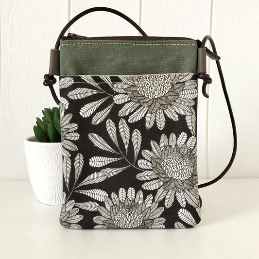 black and white waratah fabric bag