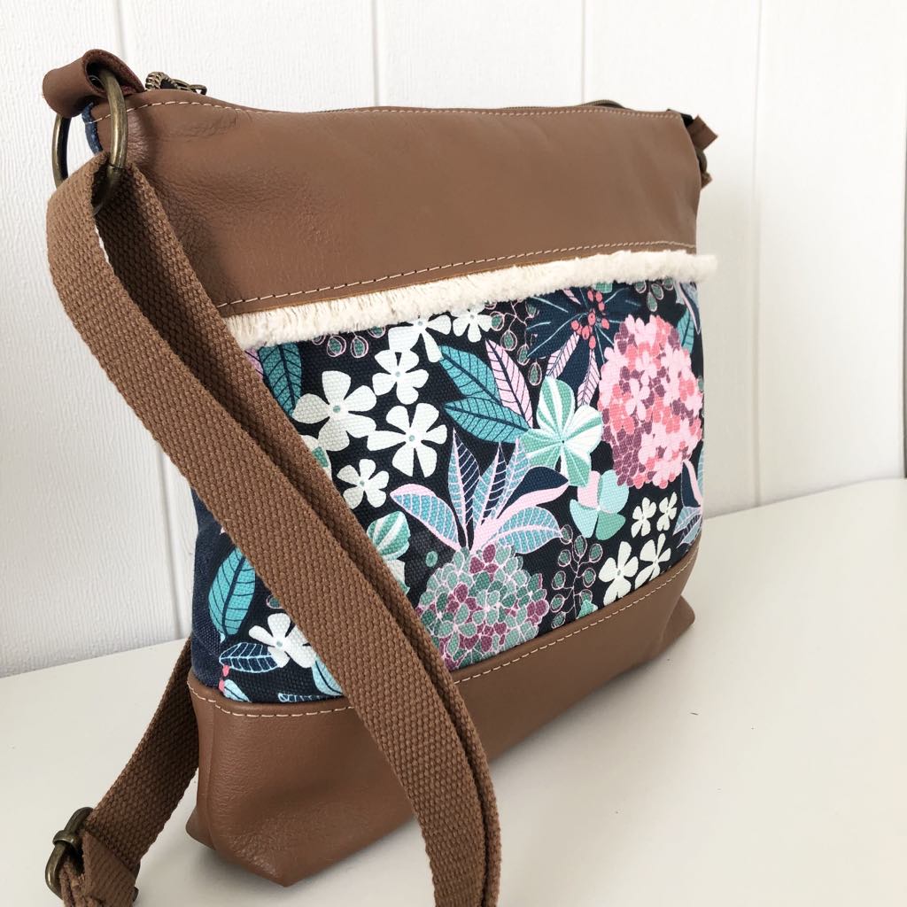 Brown Leather and Canvas Crossbody Bag with Hydrangea Fabric