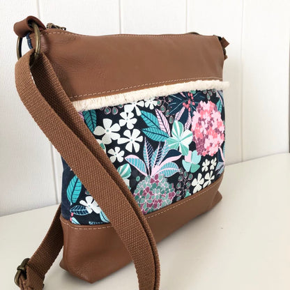 Brown Leather and Canvas Crossbody Bag with Hydrangea Fabric