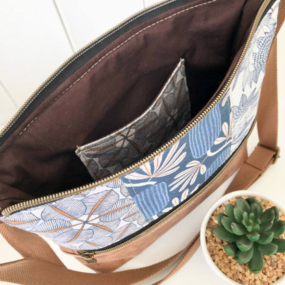 Brown Distressed Leather and Native Flower Patchwork Zipper Handbag
