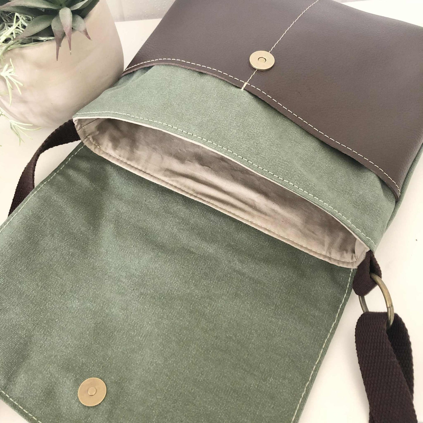 Cassinia Crossbody Bag - Green Canvas and Brown Leather with Bush Flora
