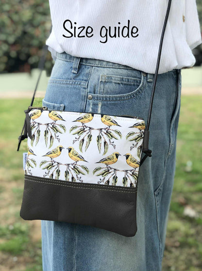 Gumnut Crossbody Bag in Tan Canvas, Brown Leather and Pink Cockatoo