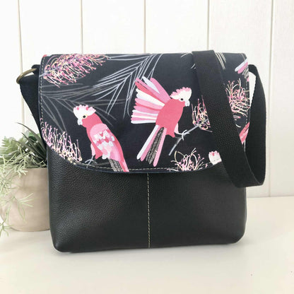Cassinia Crossbody Bag - Blue Canvas and Black Leather with Pink Cockatoo