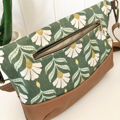 Hovea Fold Over Bag in Tan Brown Leather, Green Canvas and Chiara Print