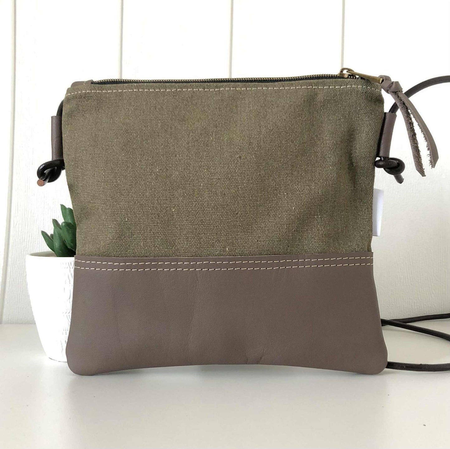 Gumnut Crossbody Bag in Green Canvas, Brown Leather and Rosellas