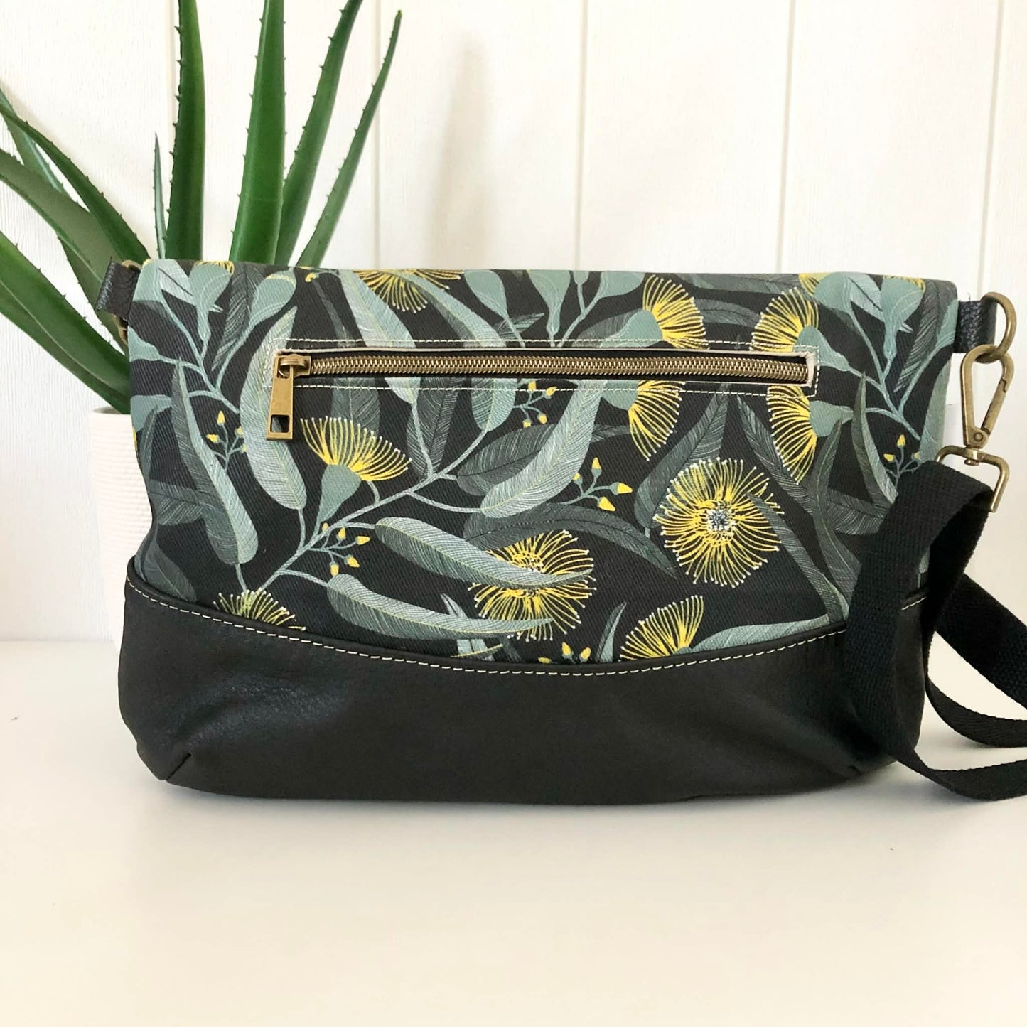 Hovea Fold Over Bag in Black Leather, Blue Canvas and Yellow Eucalyptus