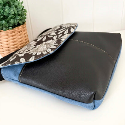 Cassinia Crossbody Bag - Blue Canvas and Black Leather with Waratah