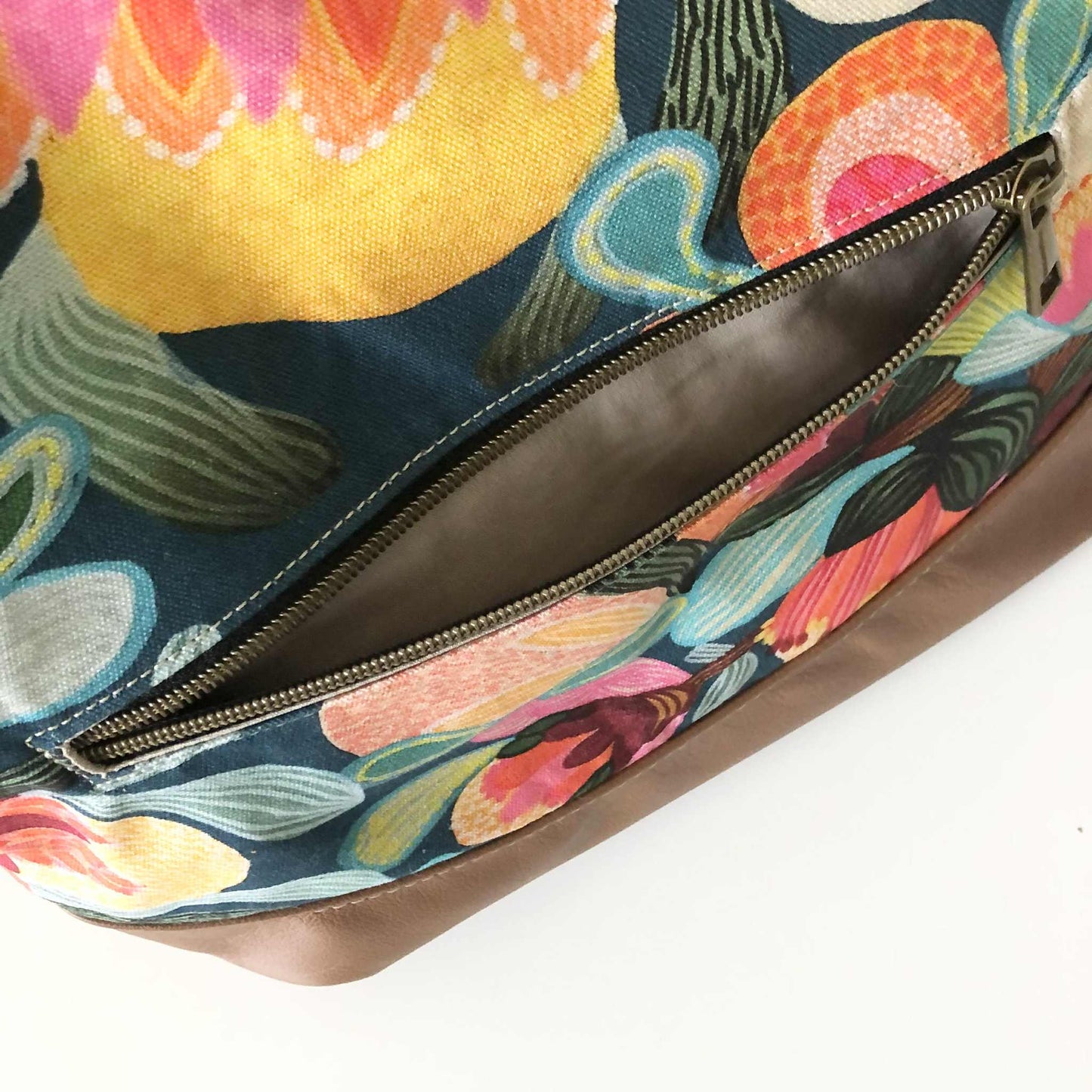 Hovea Fold Over Bag in Tan Leather, Grey Canvas and Bush Flora
