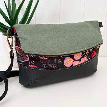 Hovea Fold Over Bag in Tan Leather, Green Canvas and Seed Pod