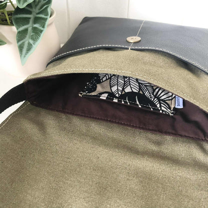 Cassinia Crossbody Bag - Green Canvas & Black Leather with Floral