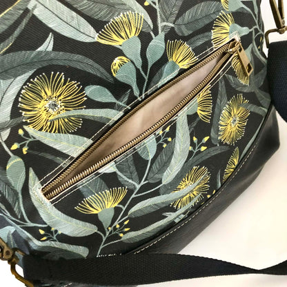 Hovea Fold Over Bag in Black Leather, Blue Canvas and Yellow Eucalyptus