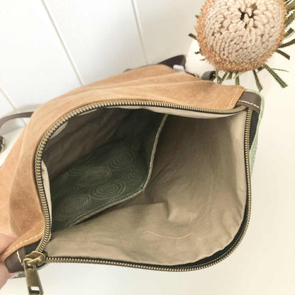Fold Over Bag in Brown Leather, Tan Canvas and Tree Ring Fabric