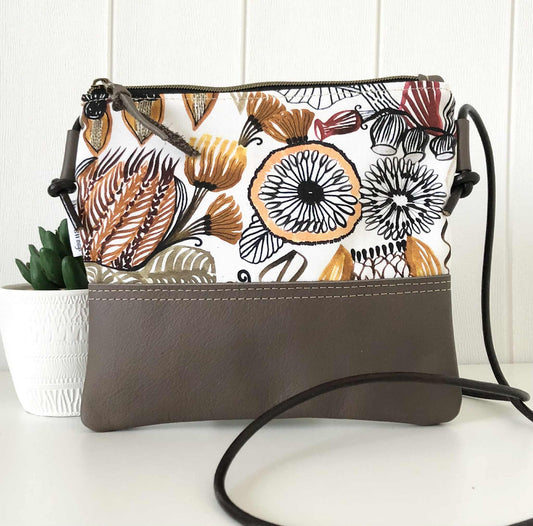 Gumnut Crossbody Bag in Tan Canvas, Brown Leather and Neutral Natives