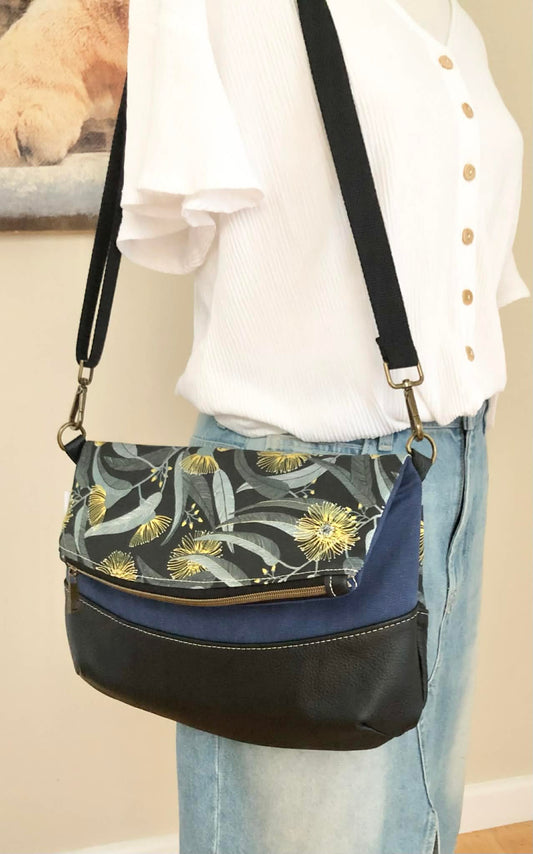 Hovea Fold Over Bag in Black Leather, Blue Canvas and Yellow Eucalyptus