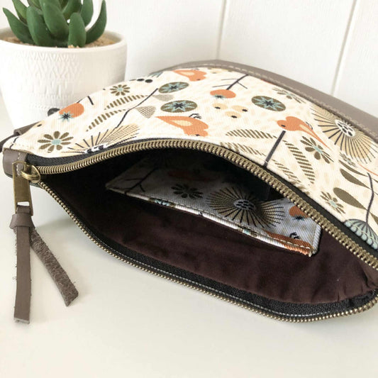 Gumnut Crossbody Bag in Green Canvas, Brown Leather and Scandi Meadow