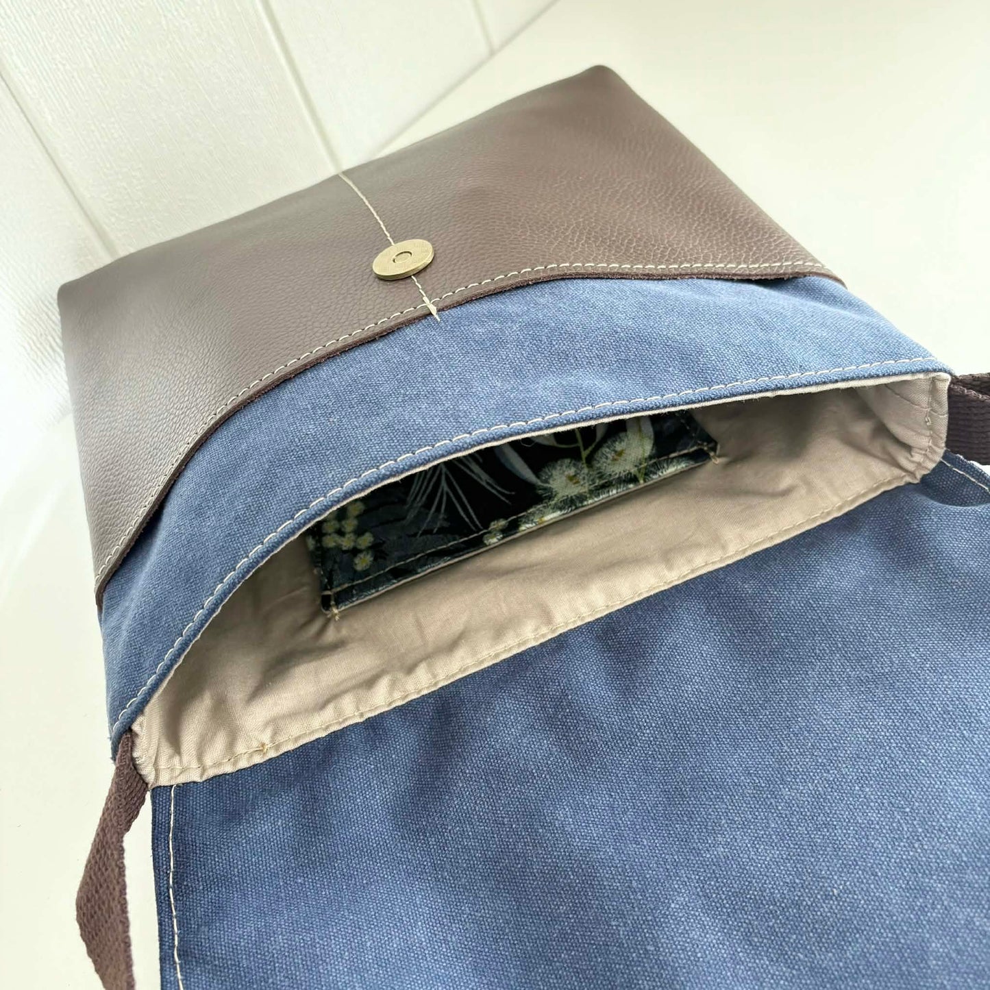 Cassinia Crossbody Bag - Blue Canvas and Genuine Leather with Moonlight Flora