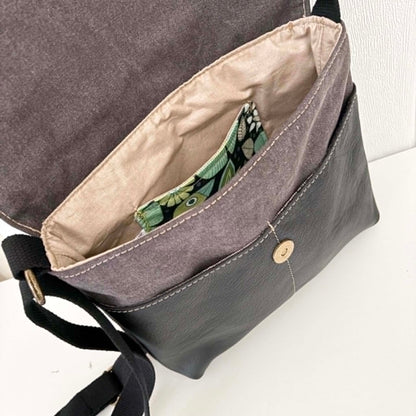 Cassinia Crossbody Bag - Grey Canvas and Black Leather with Green Folk Bird Design
