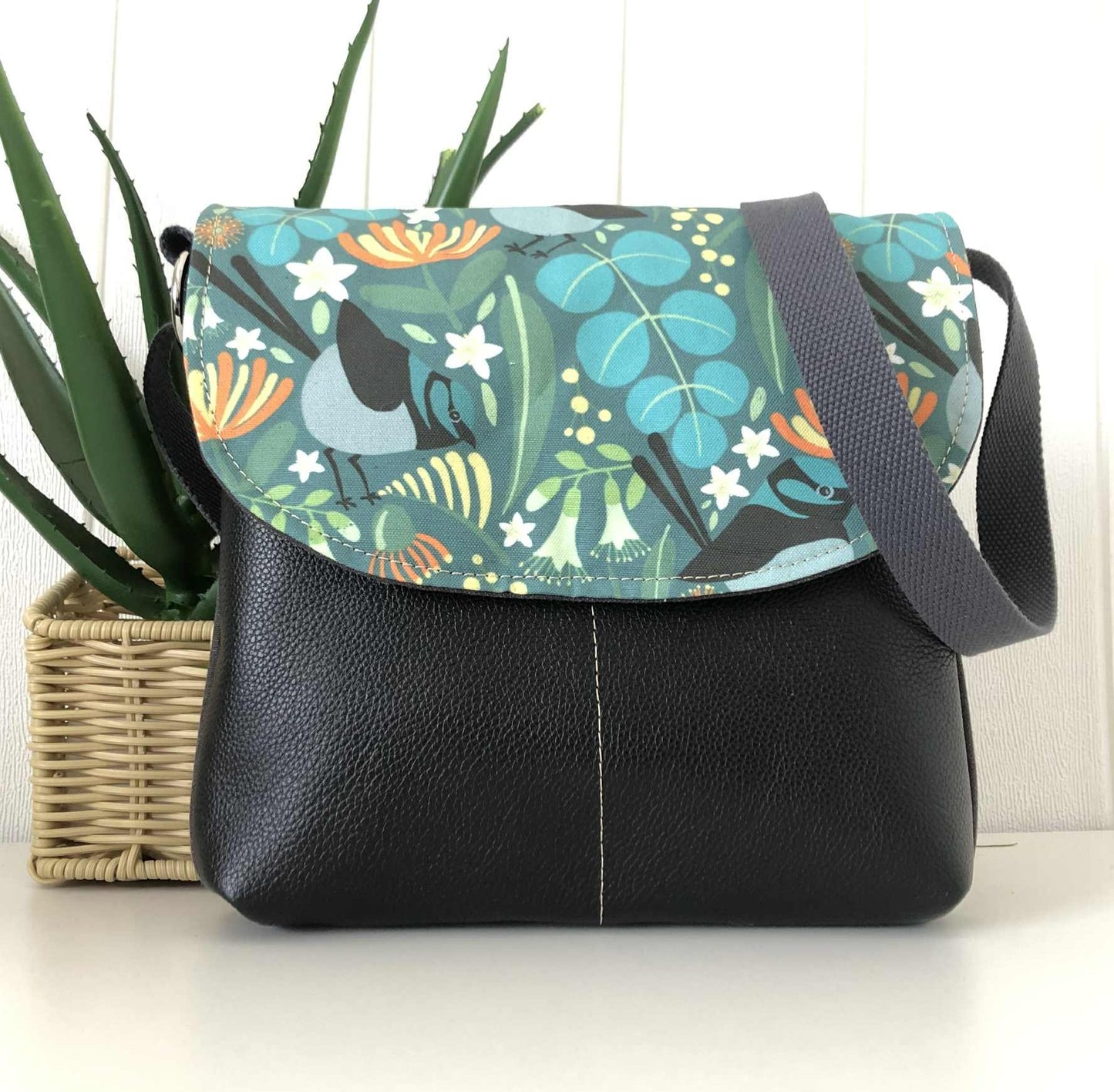 Grey Canvas and Black Leather Crossbody Bag with Birds