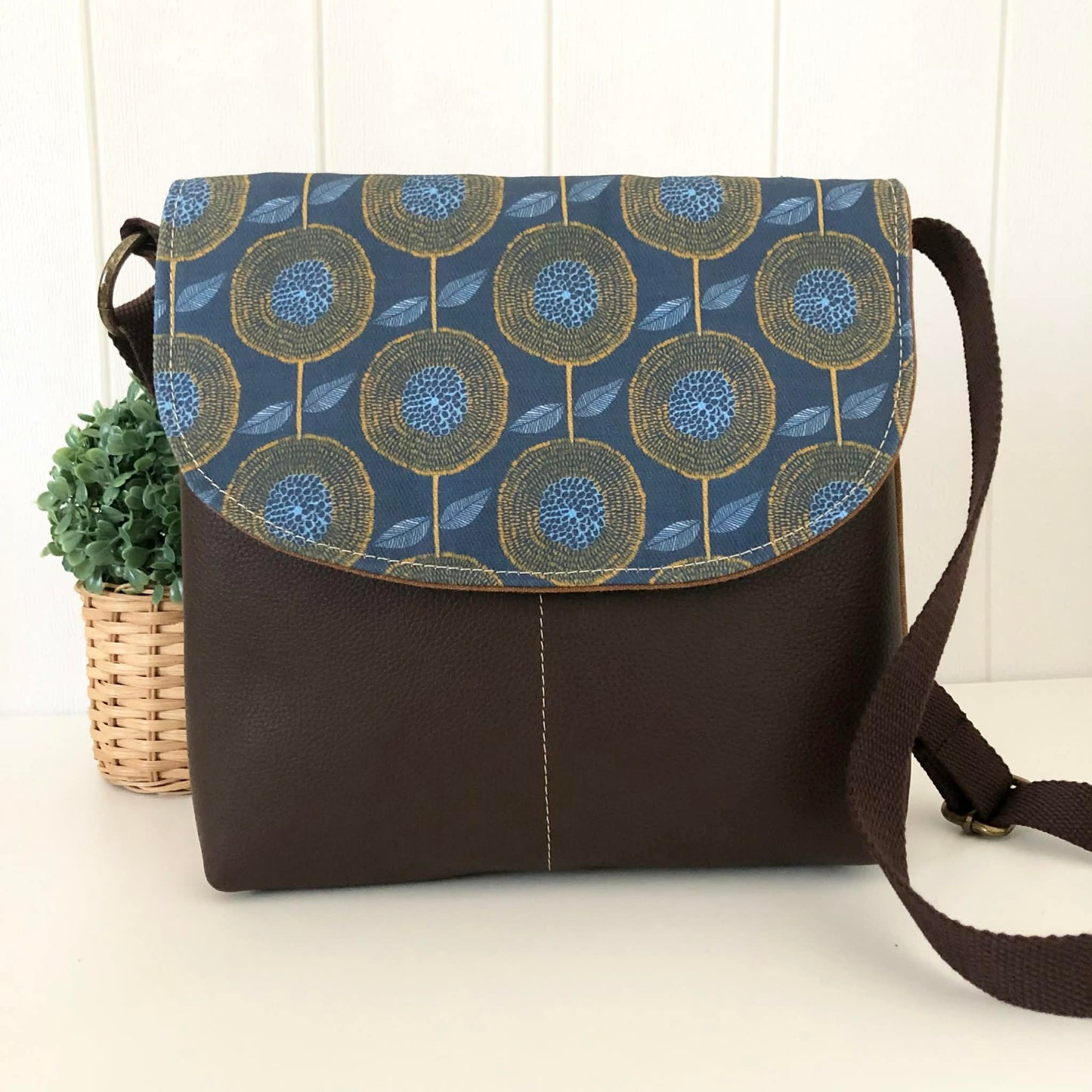 Cassinia Crossbody Bag - Tan Canvas and Brown Leather with Modern Floral