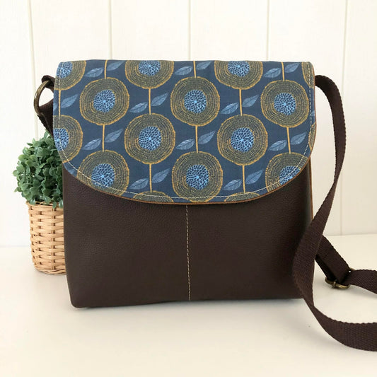 Cassinia Crossbody Bag - Tan Canvas and Brown Leather with Modern Floral