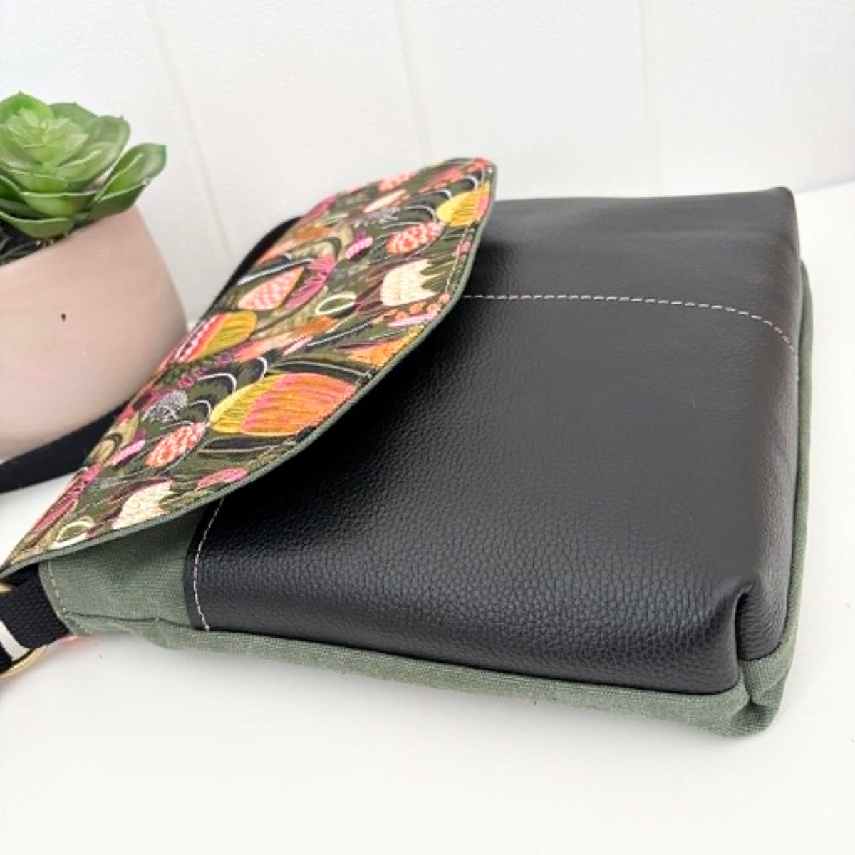 Cassinia Crossbody Bag - Green Canvas and Black Leather with Bush Banksia