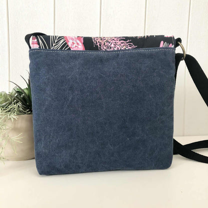 Cassinia Crossbody Bag - Blue Canvas and Black Leather with Pink Cockatoo