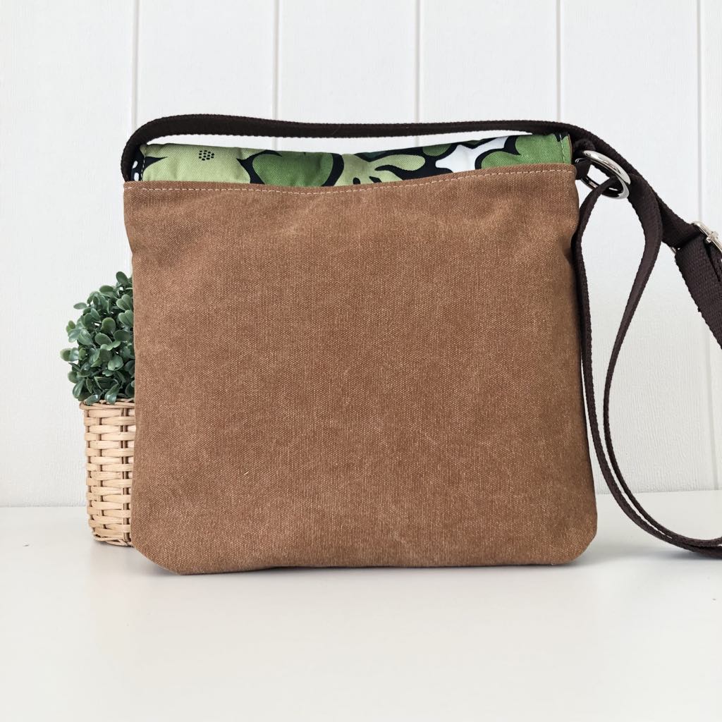 Tan Canvas and Brown Leather Crossbody Bag with Abstract Daisy