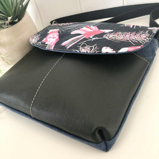 Cassinia Crossbody Bag - Blue Canvas and Black Leather with Pink Cockatoo