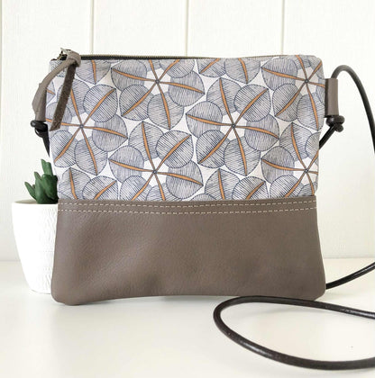 Gumnut Crossbody Bag in Blue Canvas, Brown Leather and Blossom