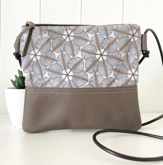 Gumnut Crossbody Bag in Blue Canvas, Brown Leather and Blossom
