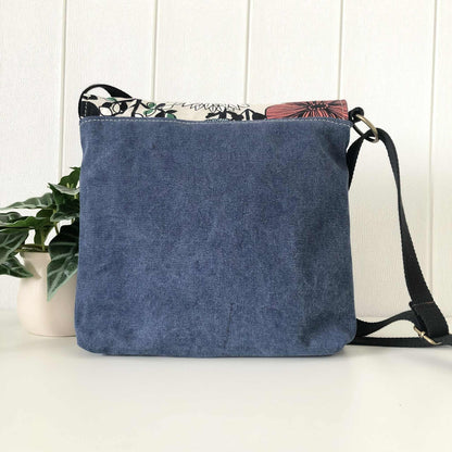 Cassinia Crossbody Bag - Blue Canvas & Black Leather with Floral
