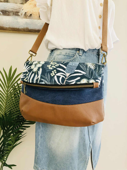 Hovea Fold Over Bag in Tan Leather, Blue Canvas and Moonlight Flora