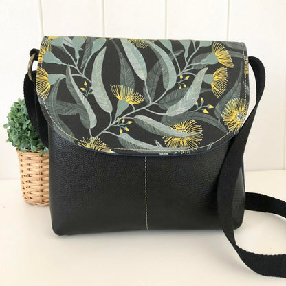 Cassinia Crossbody Bag - Blue Canvas and Black Leather with Yellow Eucalyptus