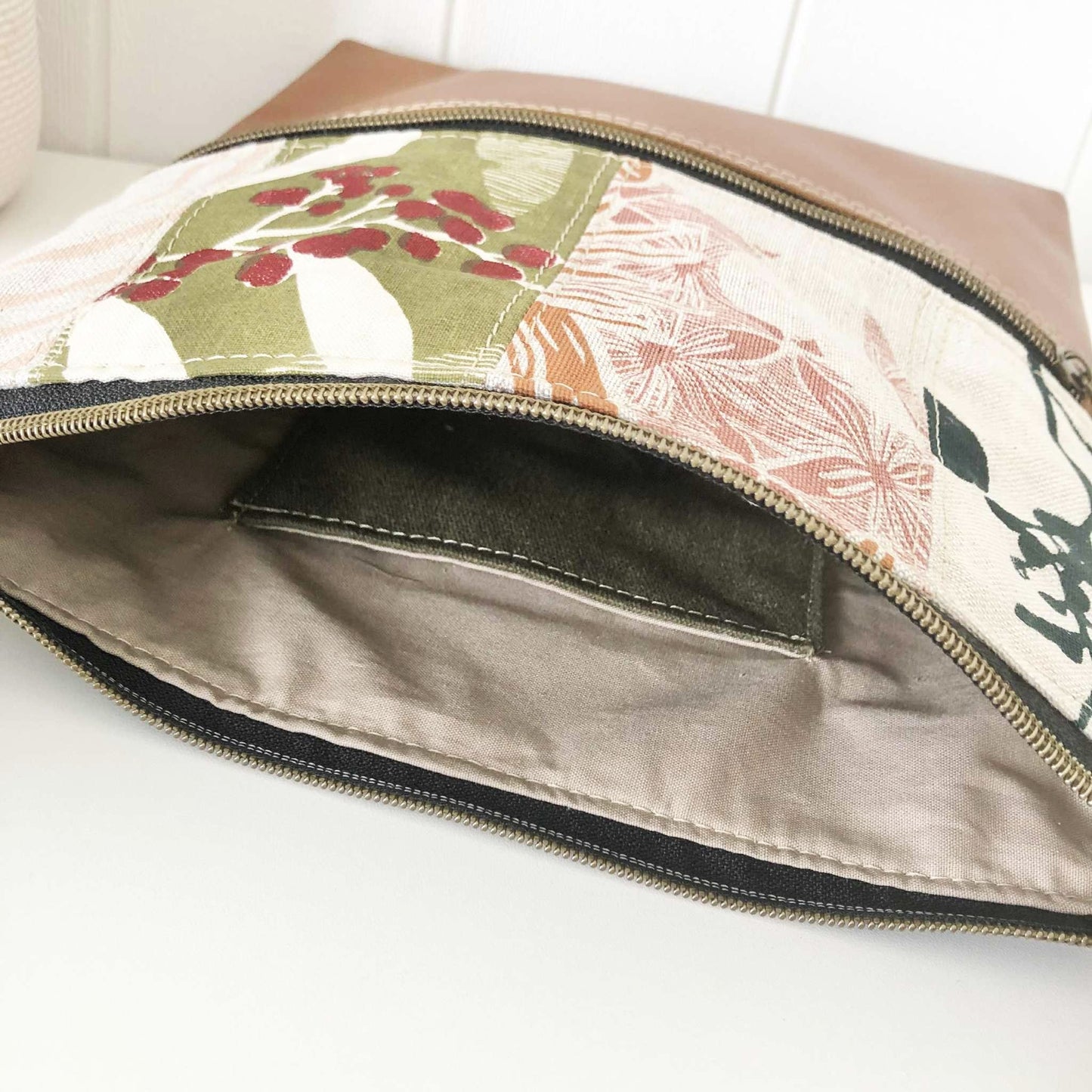 Tan Leather and Patchwork Zipper Handbag