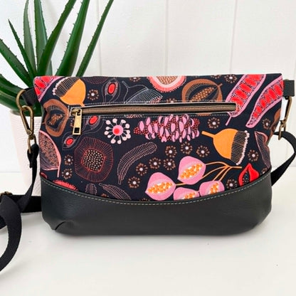 Hovea Fold Over Bag in Tan Leather, Green Canvas and Seed Pod