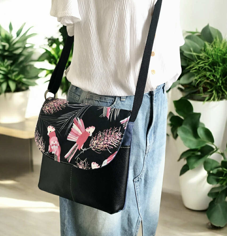 Cassinia Crossbody Bag - Blue Canvas and Black Leather with Pink Cockatoo