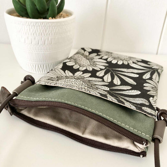 Sundew Sling Bag in Green Canvas and Waratah