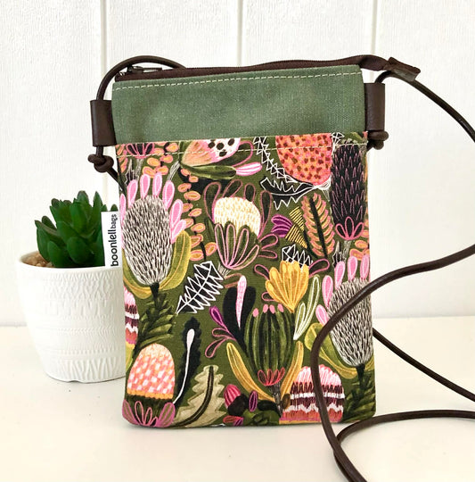 Sundew Sling Bag in Green Canvas with Bush Banksia