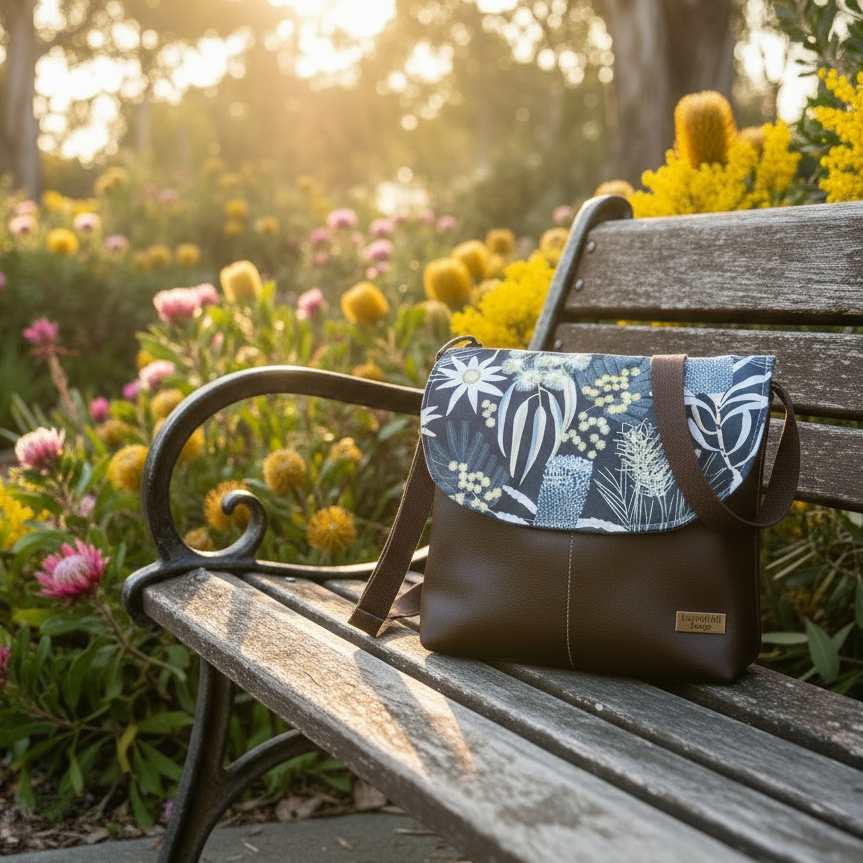 Cassinia Crossbody Bag - Blue Canvas and Genuine Leather with Moonlight Flora