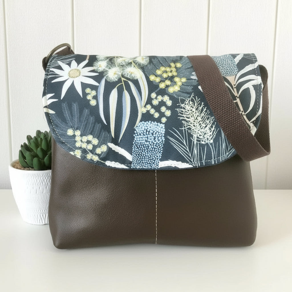 moonlight flora fabric cross body bag in leather front
