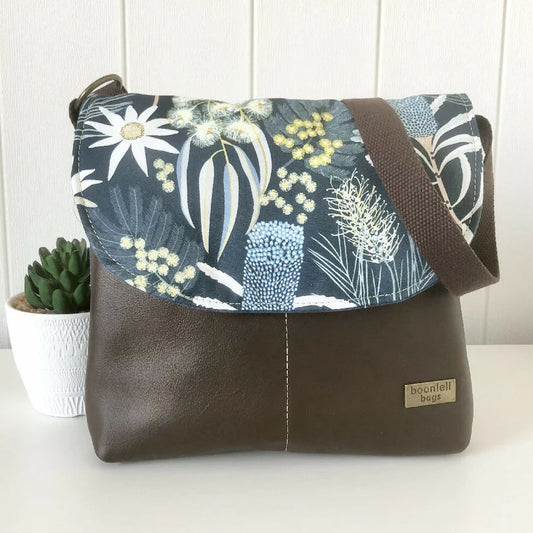 moonlight flora fabric cross body bag in leather front