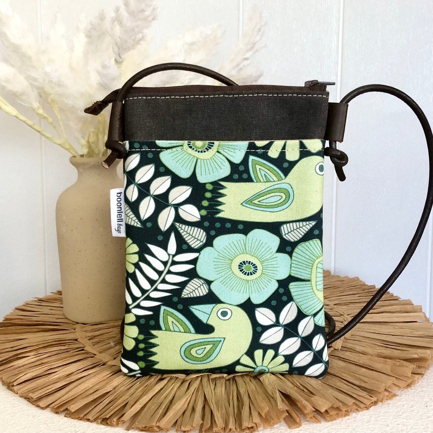 phone sling pouch green bird