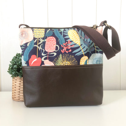 Dark Brown Leather and Retro Garden Zipper Handbag
