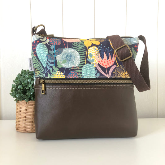 Dark Brown Leather and Retro Garden Zipper Handbag